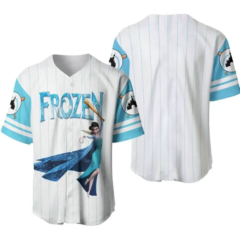 Personalized Queen Elsa Baseball Jersey Disney Frozen All Over Print 3D Pinstripe Baseball Jersey Women Kids Baseball Shirt