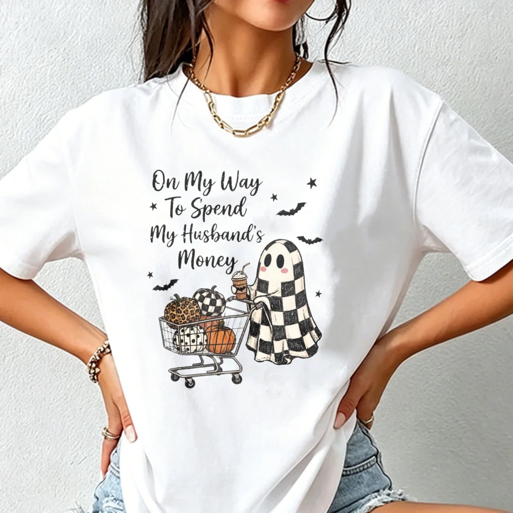 Funny Halloween Shirt Spend My Husbands Money Tee Checkered Ghost Shopping Sweatshirt Gift for Wife Sassy Fall Cotton Women Tees