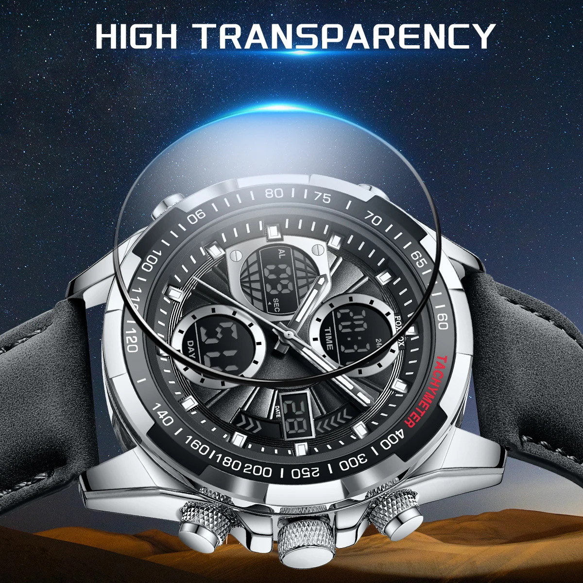 LIGE FOXBOX Electronic Man Watch Fashion Casual Sport Leather Dual Digital Men\'s Watches Waterproof HD Luminous Alarm Date Clock