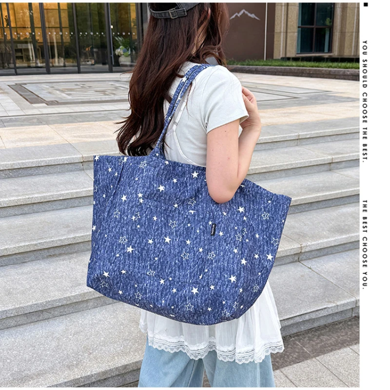 Koreanische Tragetasche mit Sterndruck, Damen-Shopper-Schultertasche, geräumige Handtasche für den täglichen Gebrauch, einfarbig, vielseitig, minimalistisch – Detail 16