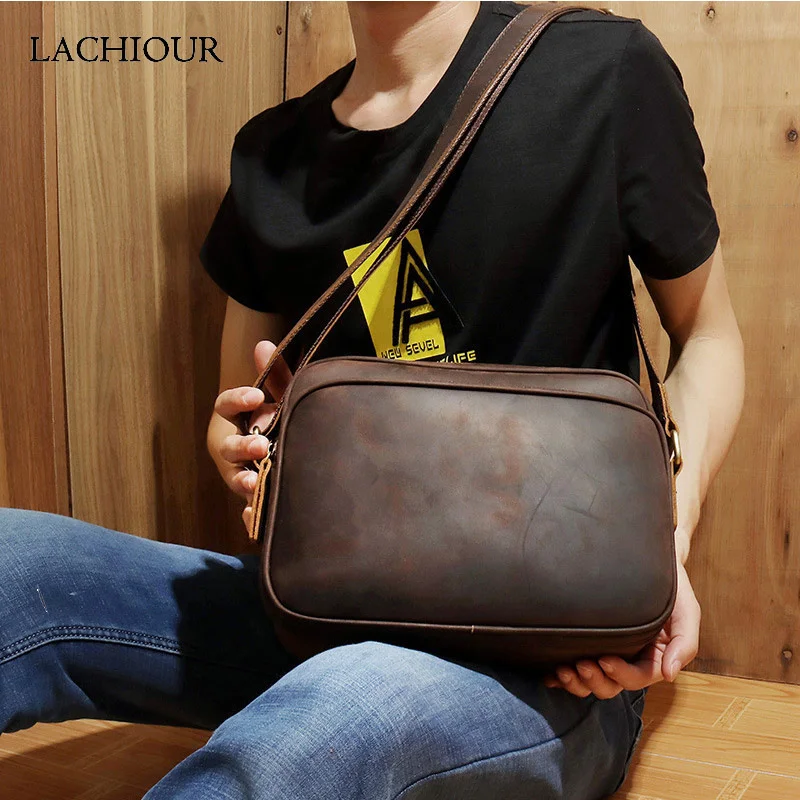 

2024 New Vintage Crazy Horse Leather Shoulder Bag Men Genuine Messenger Male Middle Size Travel Tablet Crossbody