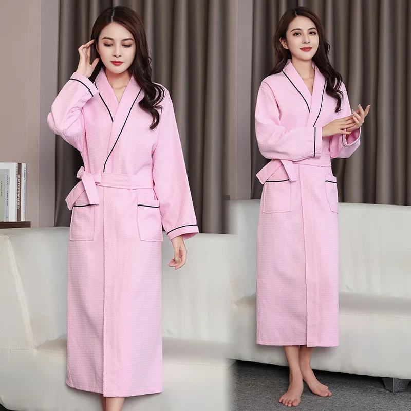 Female Long Kimono Bathrobe Gown Spring Autumn Waffle Cotton Robe Sleepwe Loose Casual Home Dress Loungewear with Pockets