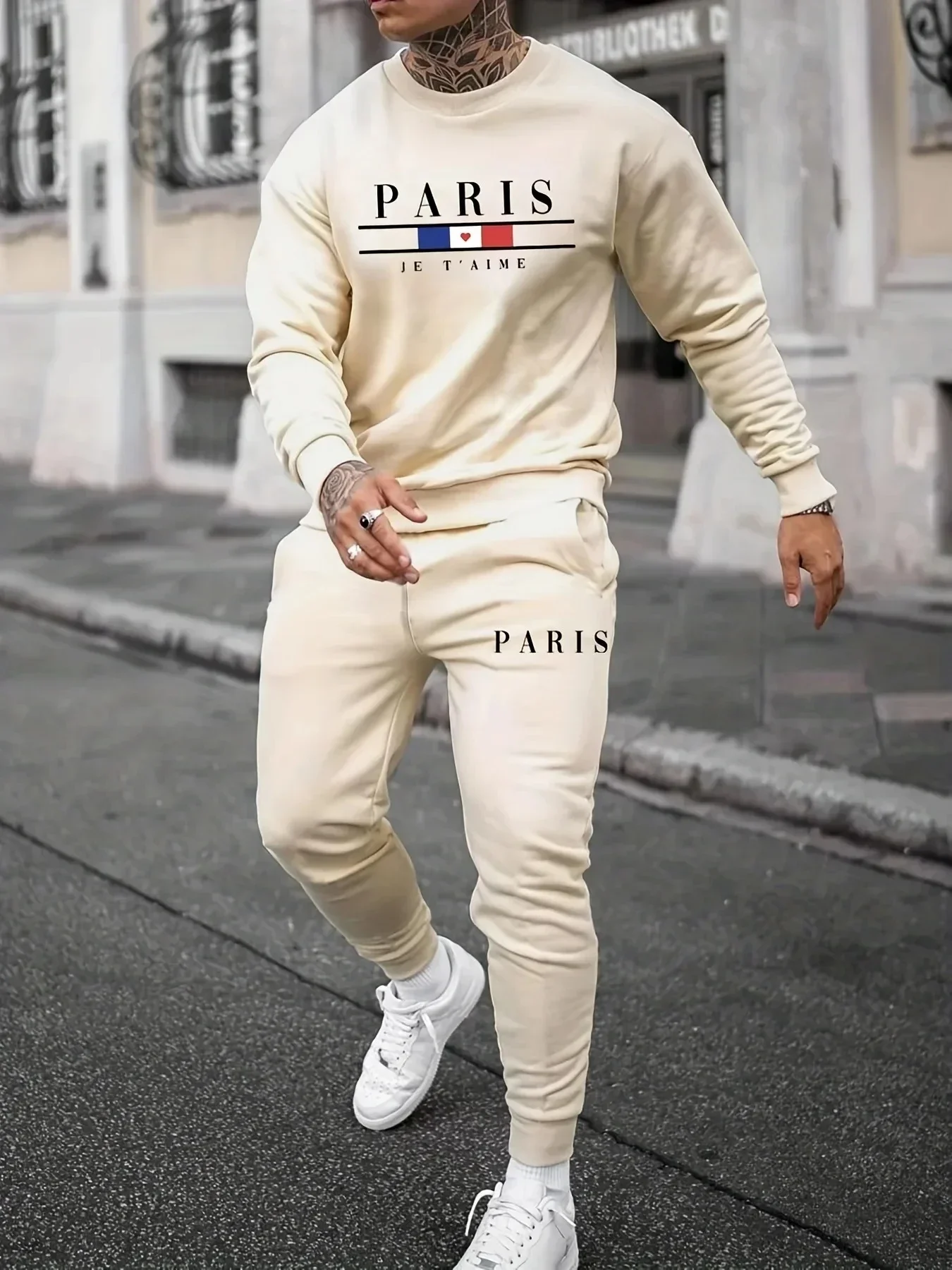 Men's Sportswear Paris Long Sleeve 3D printing + Sweatpants Simple Design Fashion brand clothing 2-piece set