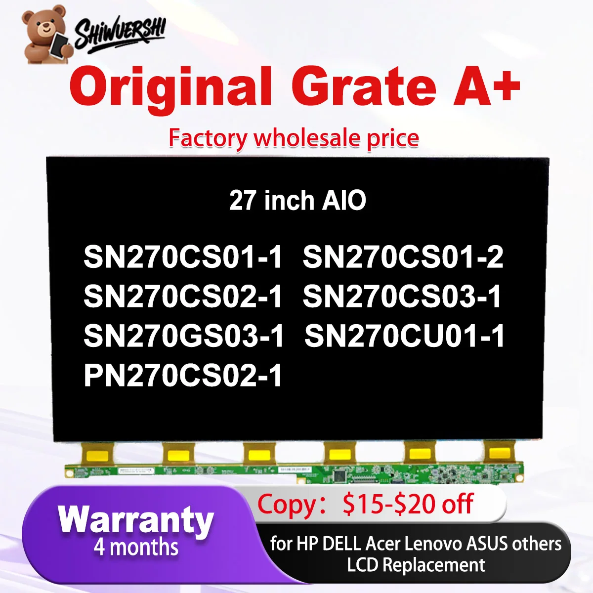 

Original 23.8'' SN270CS01-1 01-2 02-1 03-1 SN270GS03-1 SN270CU01-1 PN270CS02-1 LCD Screen Display Glass Display Monitor