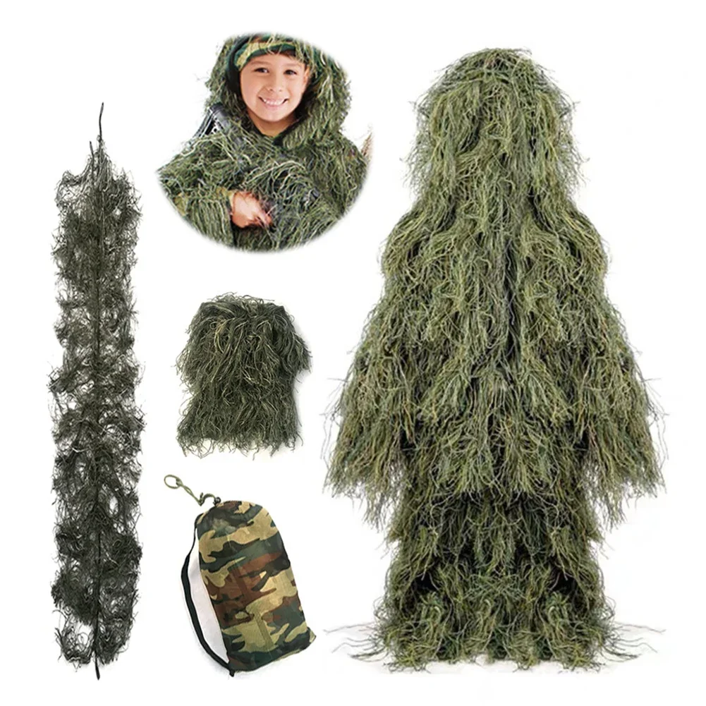 5Pcs/Set Woodland Hunter Ghillie Suit with Jacket Pants Hood Carry Bag Paintball Ghillie Suit Camo Ghillie Suit for Men Woman