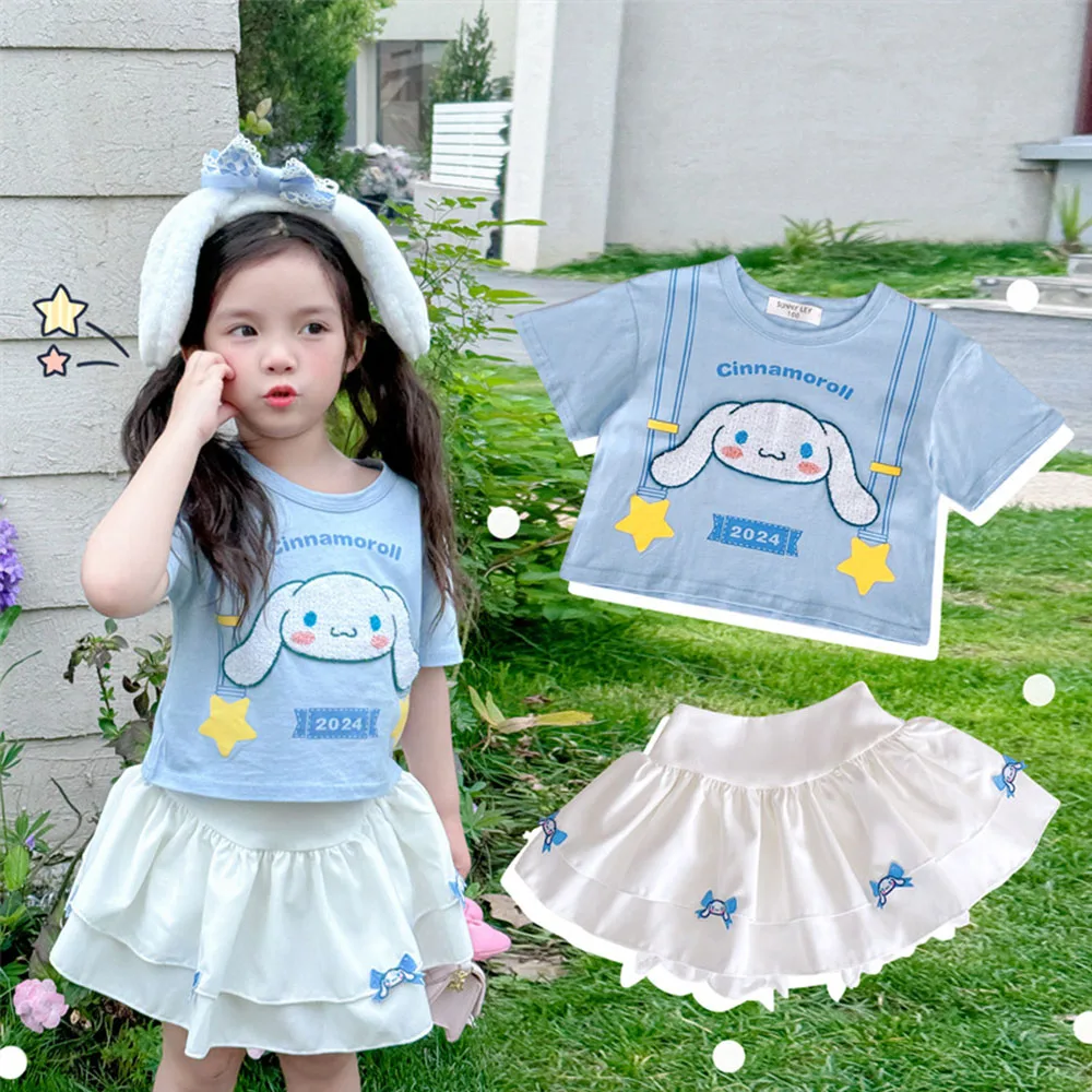 Kawaii Anime Kids Girls T-Shirt Cake Skirt Cinnamoroll Kuromi Melody Sanrios Cute Bow Knot Short Sleeve Princess Sweet Shorts