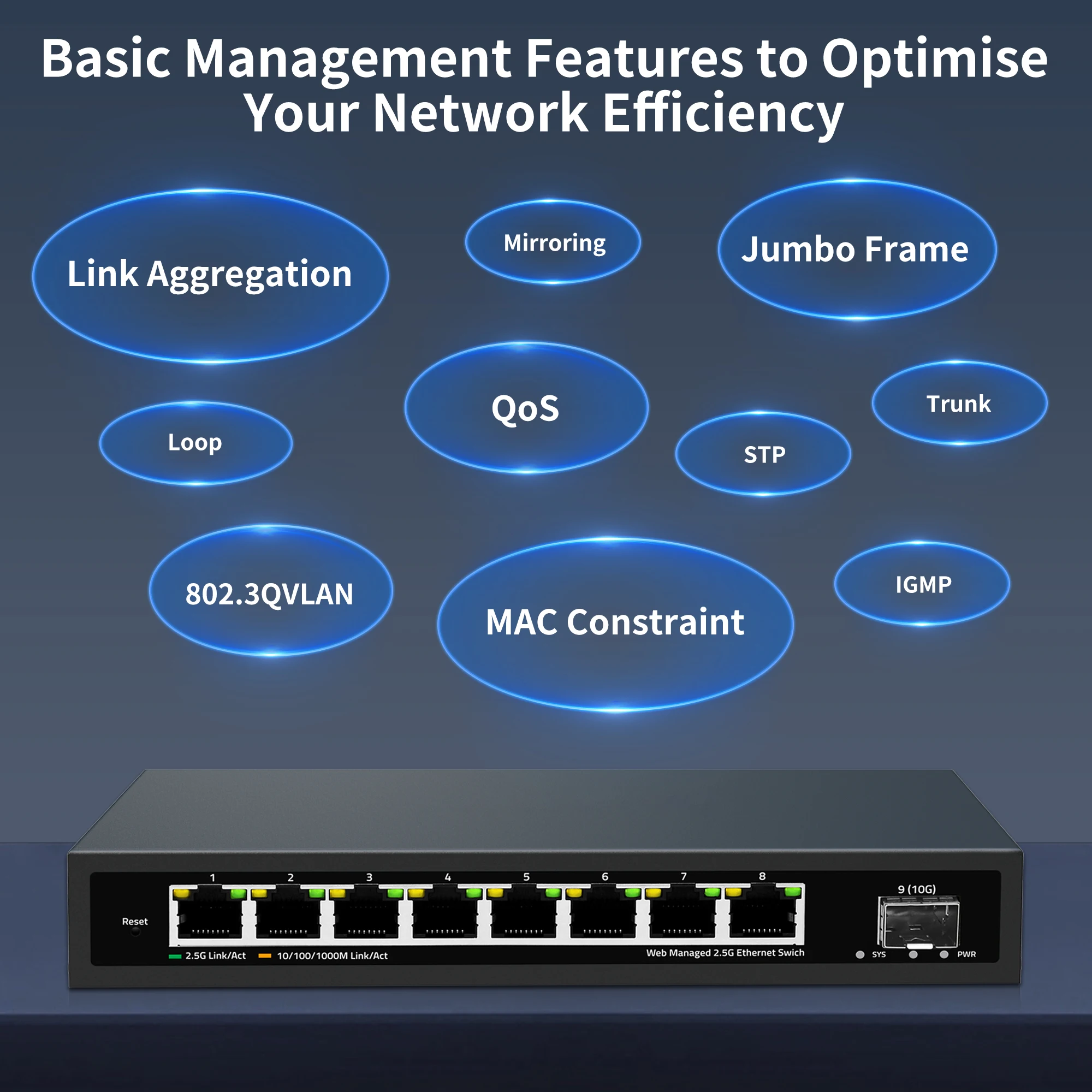 5/8 Ports 2.5G Web Managed Ethernet Switch with 10G SFP, 8 x 2.5G Base-T Ports, 1000/2500Mbps, Metal Web Fanless Network Switch