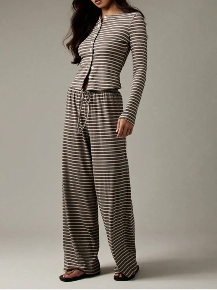 

Осенний новый полосатый однобортный топ с длинными рукавами и широкими брюками на шнурке, комплект из двух предметов, женские повседневные комплекты брюк Uncle