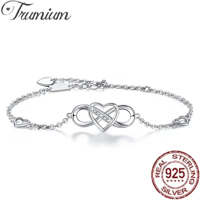 Trumium 925 Sterling Silver Women Bracelets Infinity Heart White Gold Plated Diamond Adjustable Bracelet Mother's Day Girl Gifts