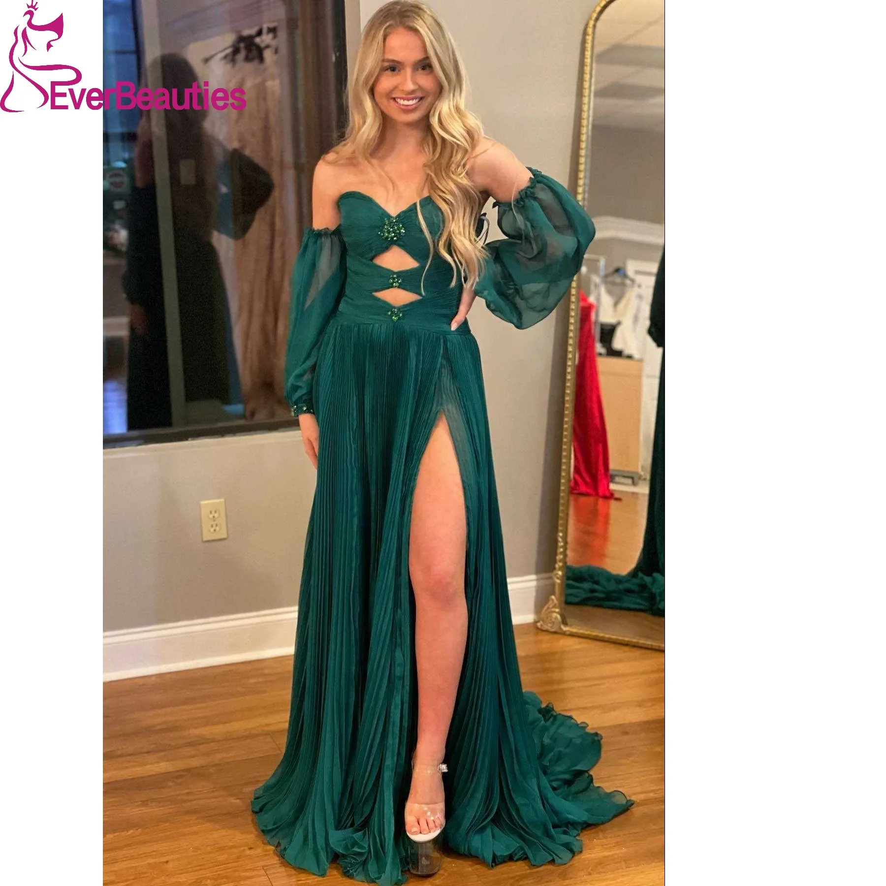 

Vestidos Para Mujer Elegantes y Bonitos A Line Simple Tulle Prom Dresses for Women Long Sleeves Slit Evening Formal Party Dress