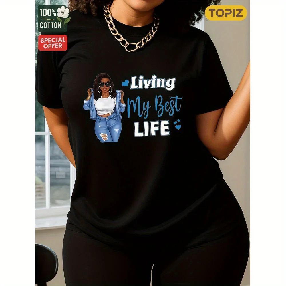 

[Plus Size] Women's T-Shirt, Crew Neck Short Sleeve Casual Top,Living My Best Life Design, Shirt For Halloween, Christmas,