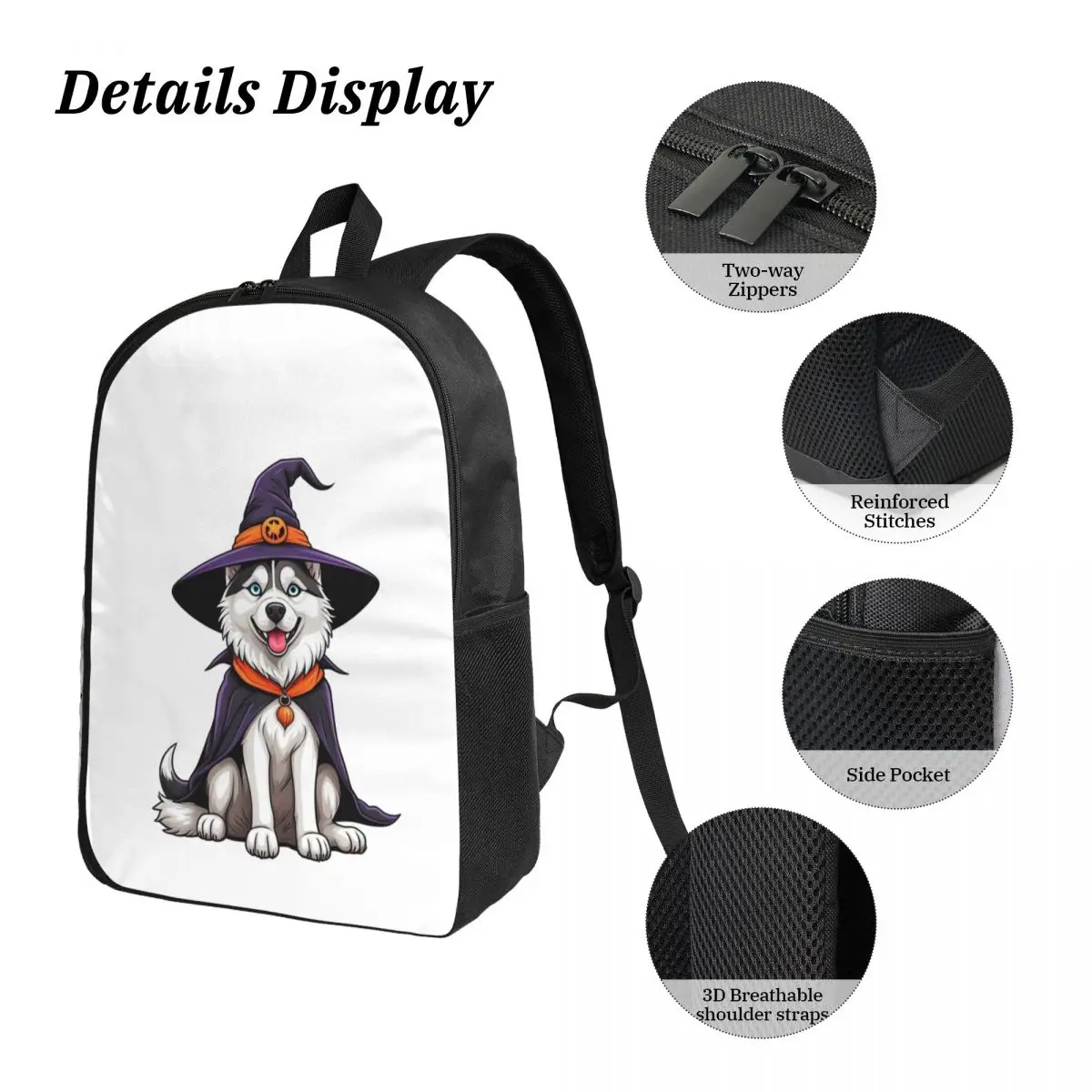Husky siberiano Halloween Strega Decor Amante dei cani Regalo Zaino Ragazzi Ragazze BookBag Borsa da scuola 3ps Borsa da pranzo isolata Astuccio