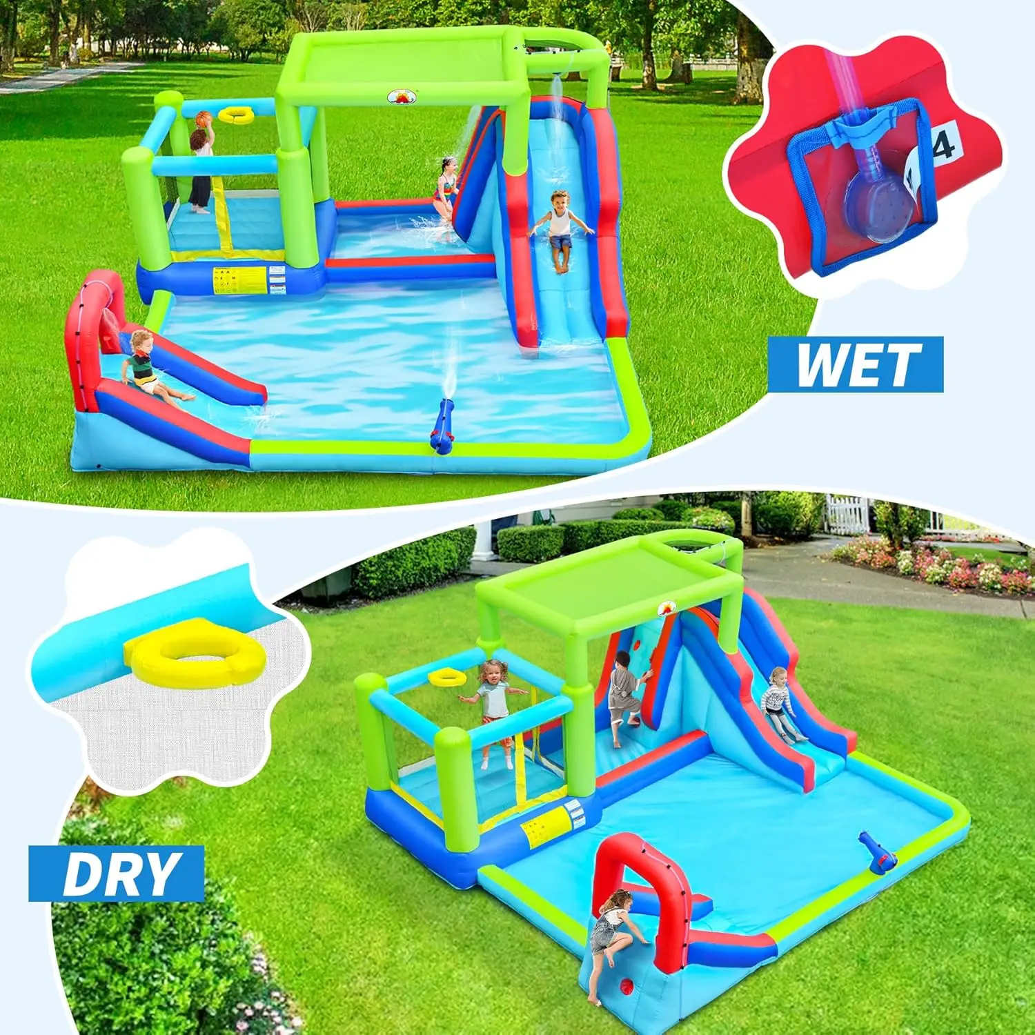 Inflatable Water Slide & Water Park with Blower, Dual Bounce House Jumping Castle with Sunshade, Climbing Wall & Basketball Hoop view 3