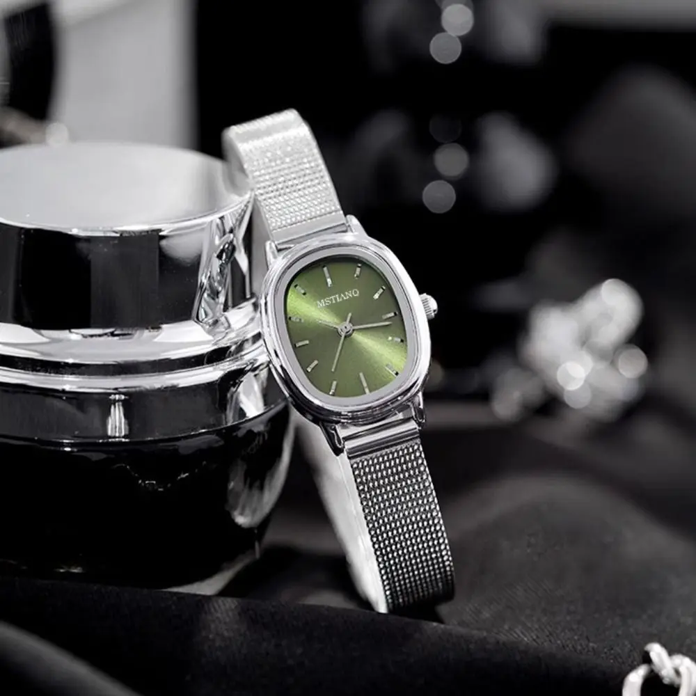 Reloj de mujer con esfera ovalada simple, relojes de pulsera de cuarzo de acero inoxidable para mujer, color verde y morado, regalos