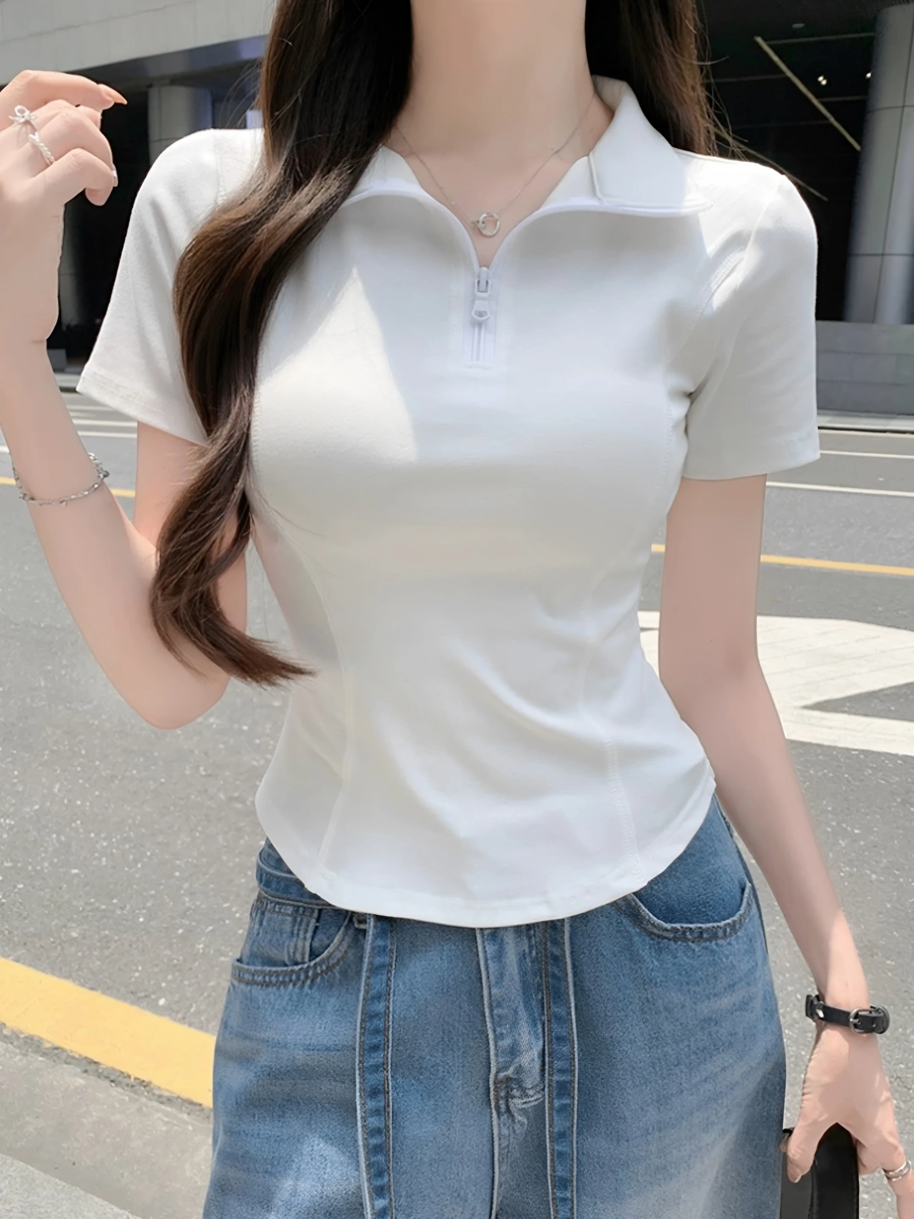 

Summer New Women's Zipper Neck Short Sleeve T-Shirt 95 Cotton Slim Fit Shoulder Fishbone Top Large Size plus Size