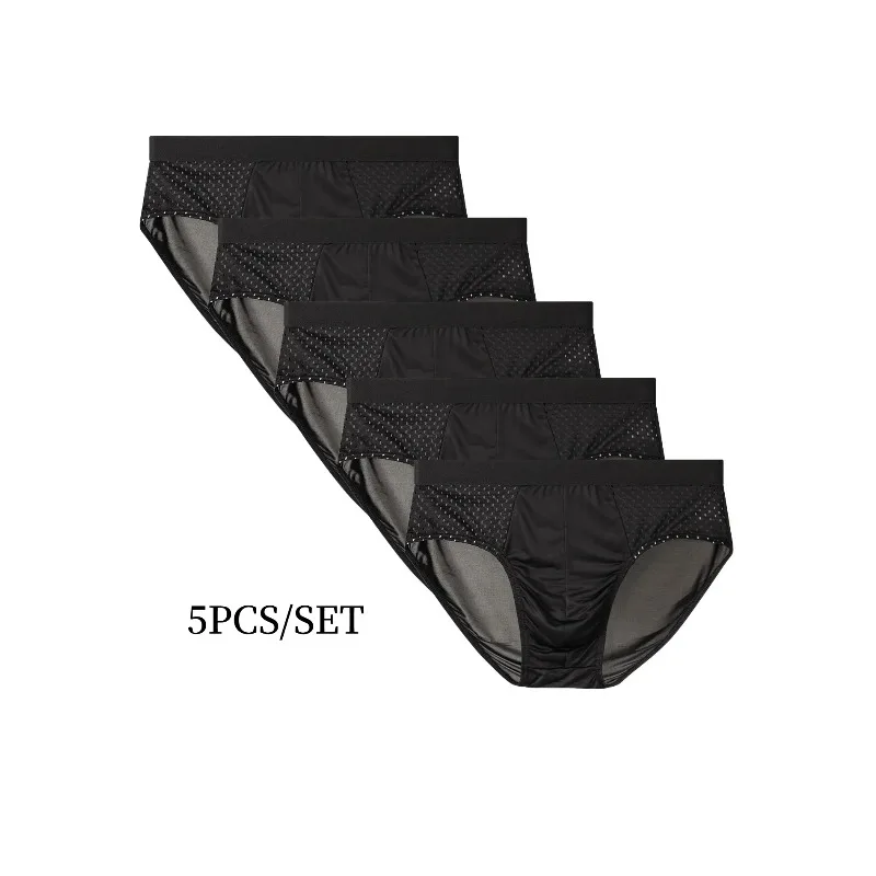 

5Pcs/Set Men's Briefs Ice Thin FabricSemi-Mesh Design Underwear Comfortable Cool and Breathable Paties Solid Color Underpants