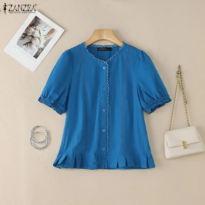 

Женские повседневные кружевные лоскутные синие рубашки с круглым вырезом и короткими рукавами-фонариками, однотонная рубашка с рюшами, лето 2026, женские топы ZANZEA