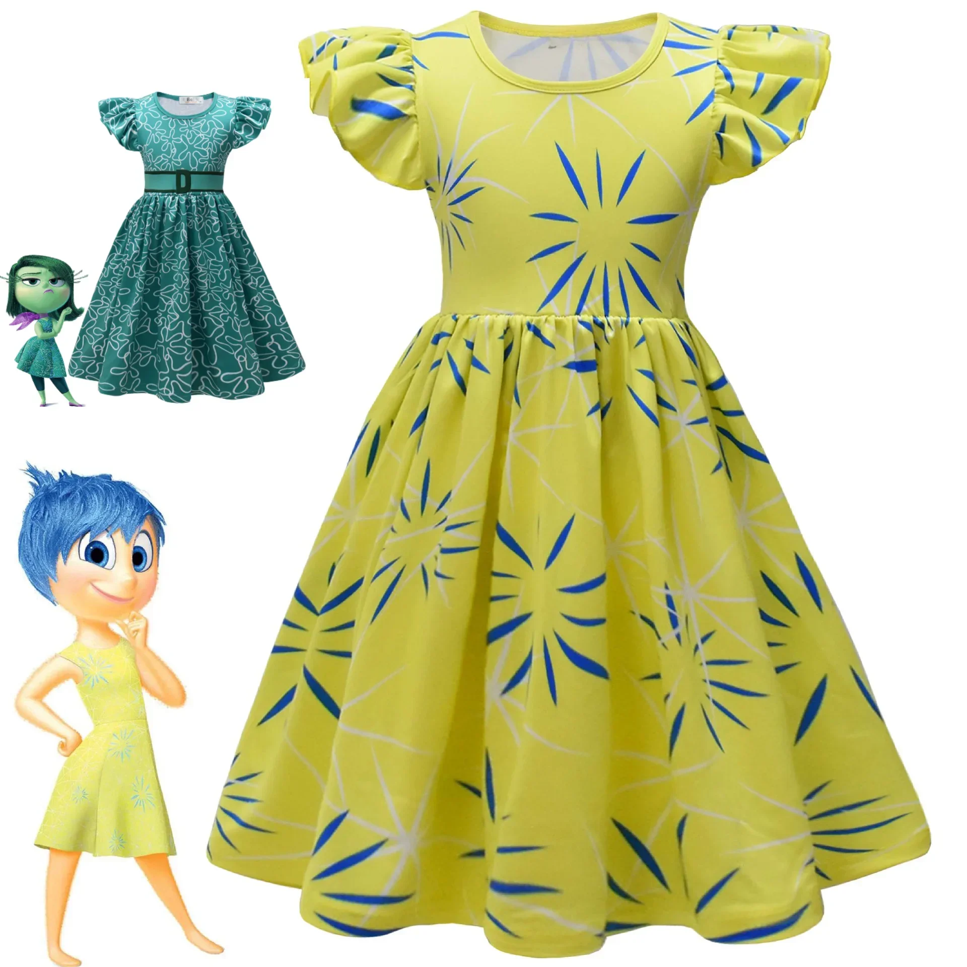 Kids Girls Cartoon Anime Inside Out 2 Ruffle Short Sleeves Dress Outfit Children Princess Christmas Halloween Cosplay Costume