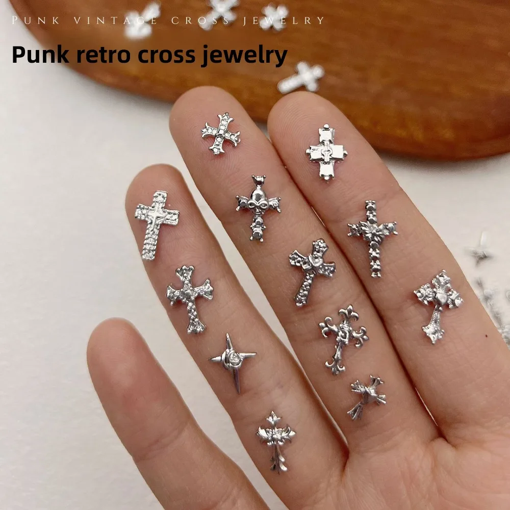 Punk-Style Metall-Nagelcharms Retro Silber Kristall Kreuz Sterne Nageldekorationen für DIY Nagelkunst Maniküre Design Zubehör – Detail 5