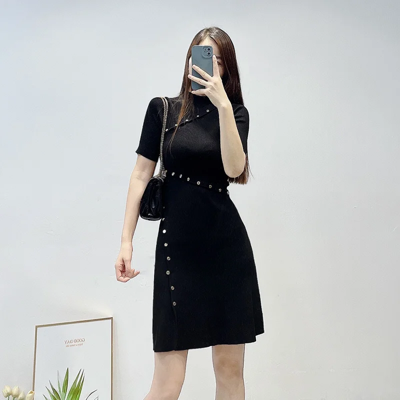 

Knitted Dress Women Viscose Blend Autumn French Office Black Ribbed Short Waist Buttoned Short-sleeved Half Turtleneck A-line