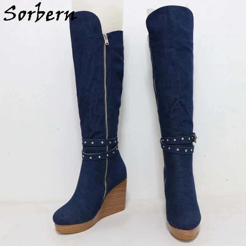 Sorbern Blue Jeans Knee High Boots Women Stripped Wedges Ankle Studs Straps Zip Up Daily Footwear Club Shoes Custom Multi Color