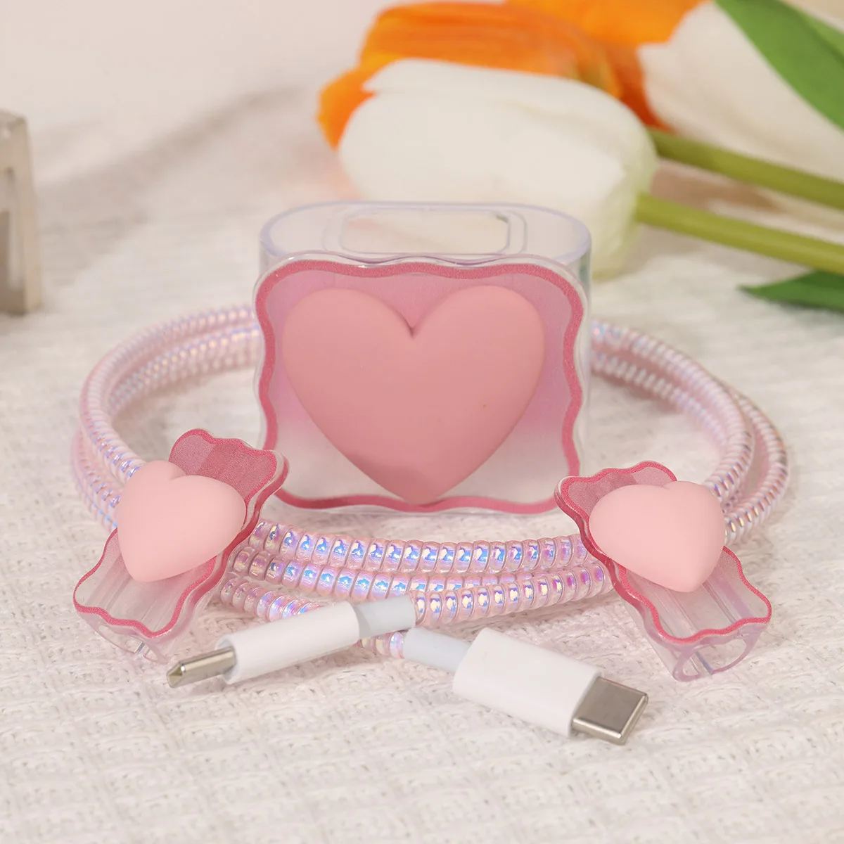 3D Love Charger Protector Cable Organizer for iPhone 15 14 13 12 Pro Max 20W 18W Type C Data Cable Management Cord Winder Kit