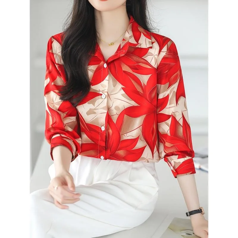 

Red Floral Print Silk Shirt Women's Spring Fashion Outerwear Floral Print Shirt Floral Print Women's Shirt Silk Fabric
