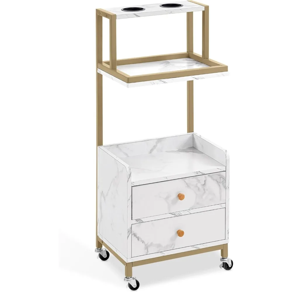 

Trolley with wheels, rolling cart with drawers, marbled board, metal frame, 2 hair dryer holders