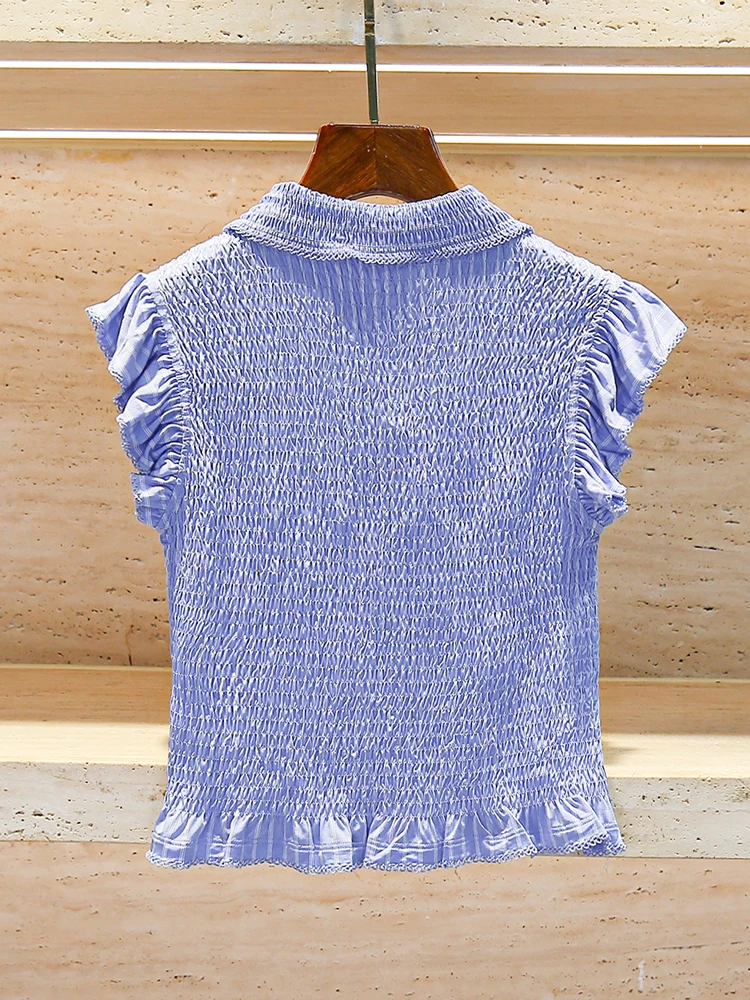 

S Home Nan You High End Women's Summer irt with Pleated Fly Sve Stand Collar Gauze Top Women's Faion Blouse