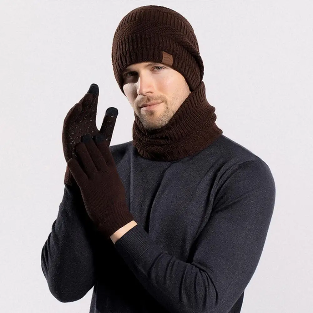 Winter Velvet Warm Hat Set Winter Outdoor Cycling Set Plush Knitted Hat Scarf Gloves with Ear Windproof for Weather