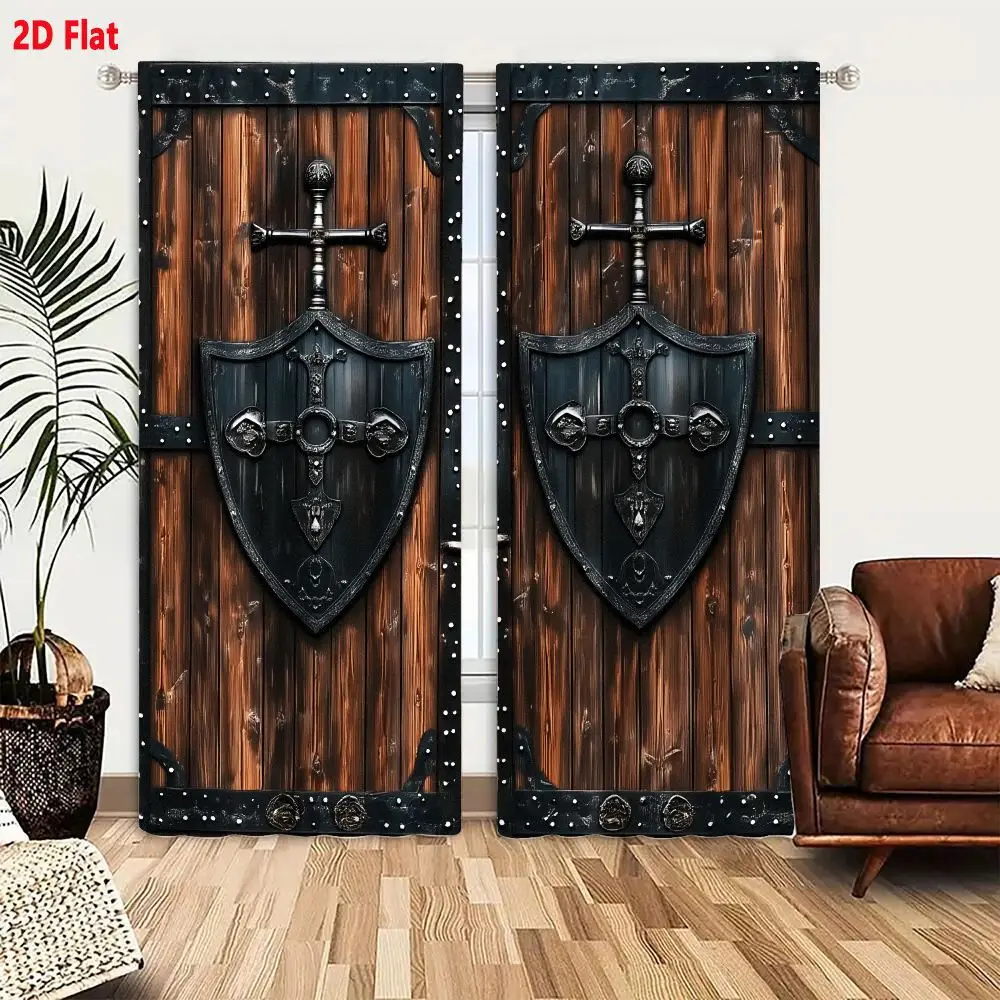 2Pcs Curtains 2D Flat Medieval Wooden Doors With Iron Shield And Cross Fortress Gate Window Drapes for Bedroom Room Decor Decora