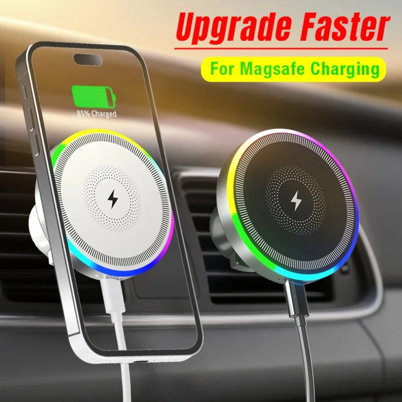 

RGB Light Car Magnetic Wireless Charger Phone Holder Air Vent Stand For Magsafe iPhone 16 15 14 13 12 Pro Max Fast Charging Dock
