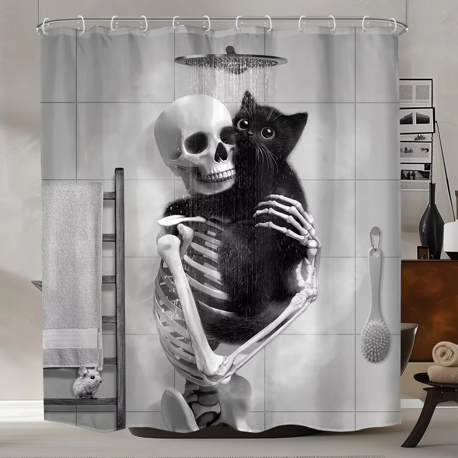 Funny Skeleton Shower Curtain with Hooks, Gothic Black and White Bathroom Decor,Cat Waterproof Polyester Fabric Shower Curtain