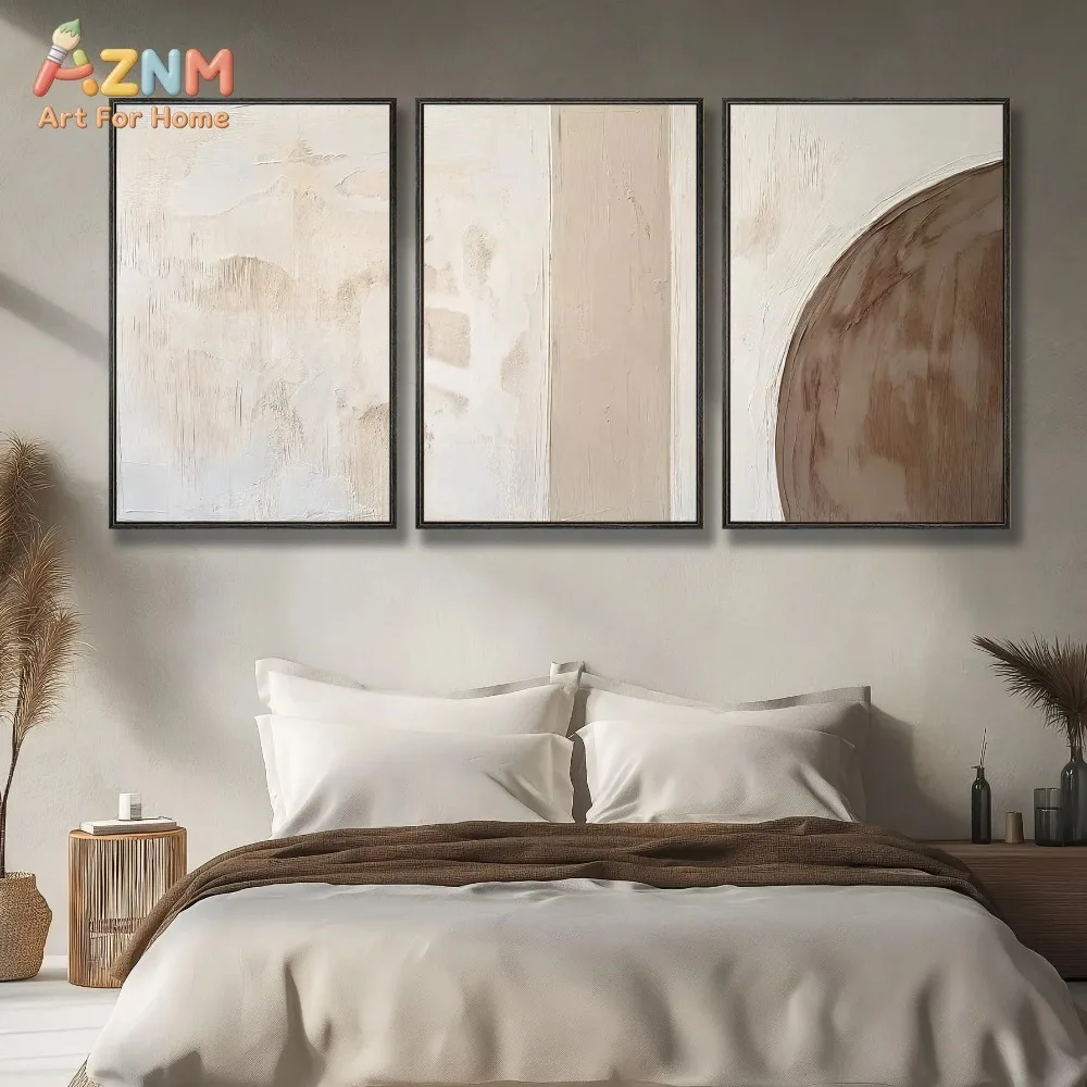 AZNM 3Pcs Neutral Beige Abstract Canvas Wall Art, Textured Brush Stroke Geometric Print Frameless Canvas Painting,