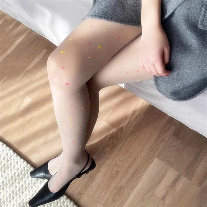 CHRONSTYLE Women Mesh Sheer Tights Pantyhose Heart Dot Pattern See Through Stockings for Valentine's Day Tights Streetwear 2025