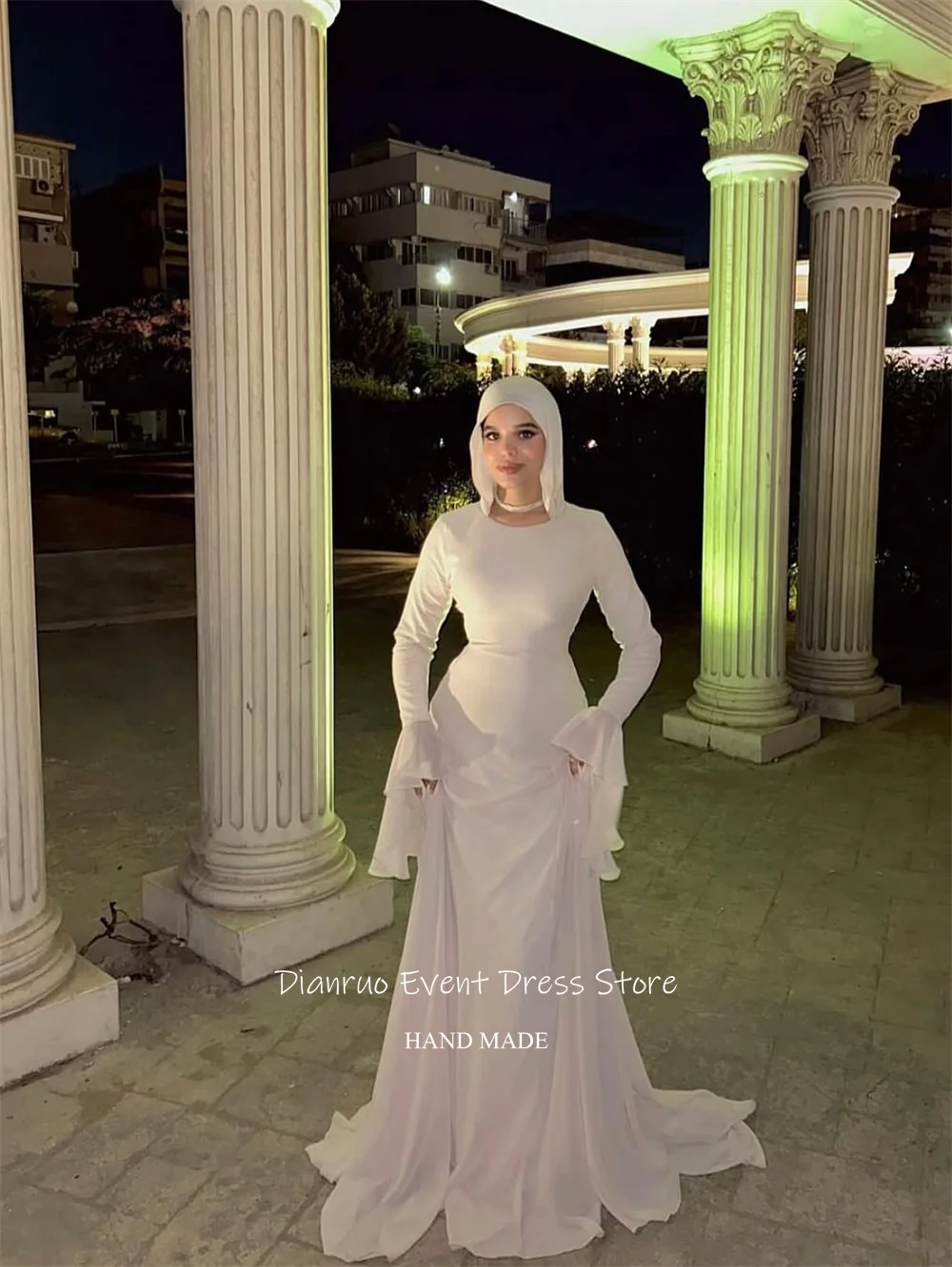 فستان سهرة أنيق مكشكش من Dianruo شيفون بأكمام طويلة فستان حفلات عربي ثنيات فستان زفاف إسلامي مخصص للضيوف