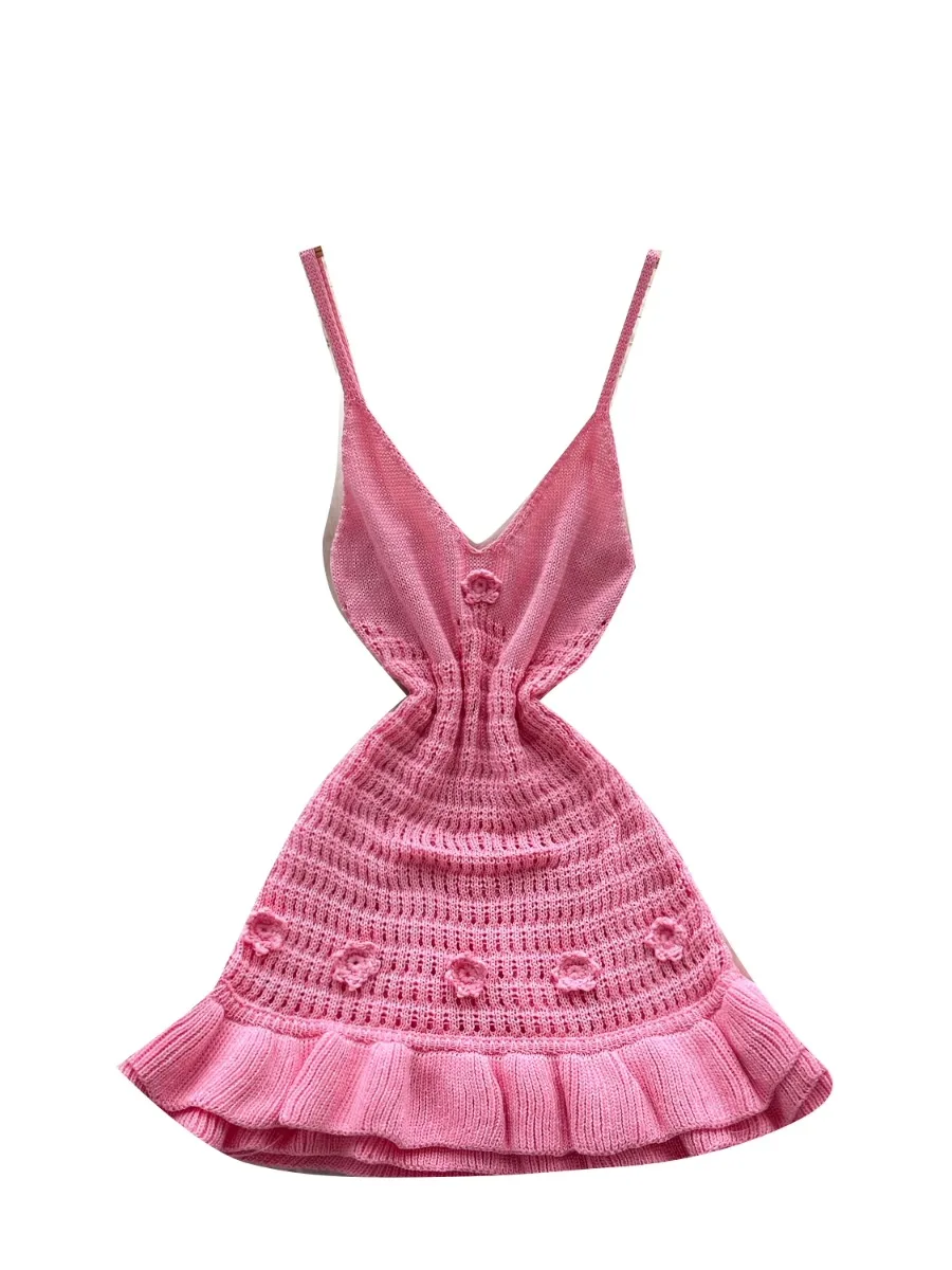 Foamlina Summer Ruffle Knit Dress Women Sexy Chid Girl's Halter Bodycon 3D Floral Cinched Waist Mini A-line Dress Holiday