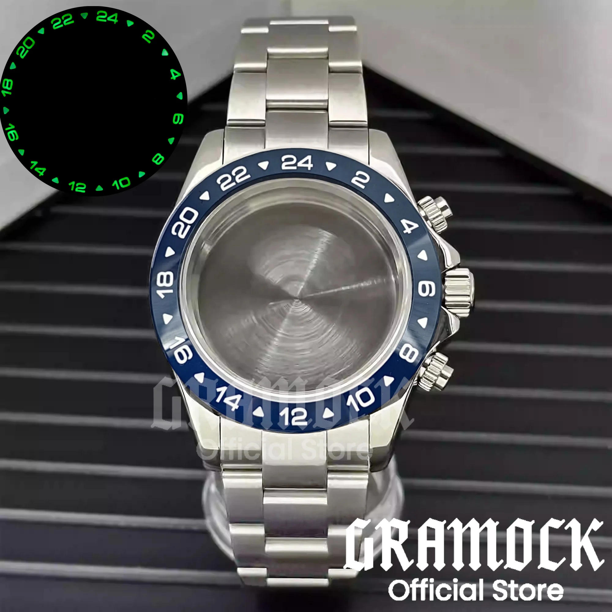 GRAMOCK 39 mm Herren-Taucheruhrengehäuse VK63, poliert, Saphirglas, GMT-Keramiklünette, superleuchtende Passform, VK63, VK64-Uhrwerk