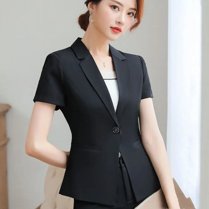 Korean Elegant Women Short Sleeve Blazer Summer Black Formal Office Business Work Suit Jacket S-4XL