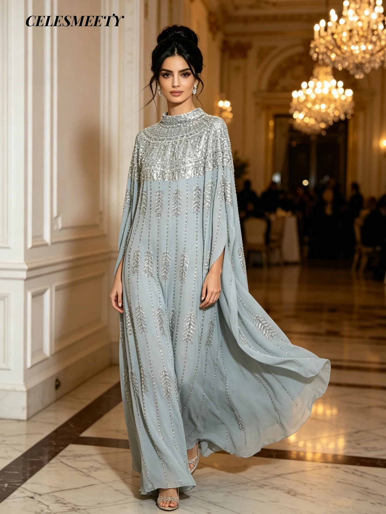 Luxury Royal Style Computer Glitter Beaded Embroidered Ball Evening Dress, Elegant Blue Striped Chiffon Bat Sleeve Dress