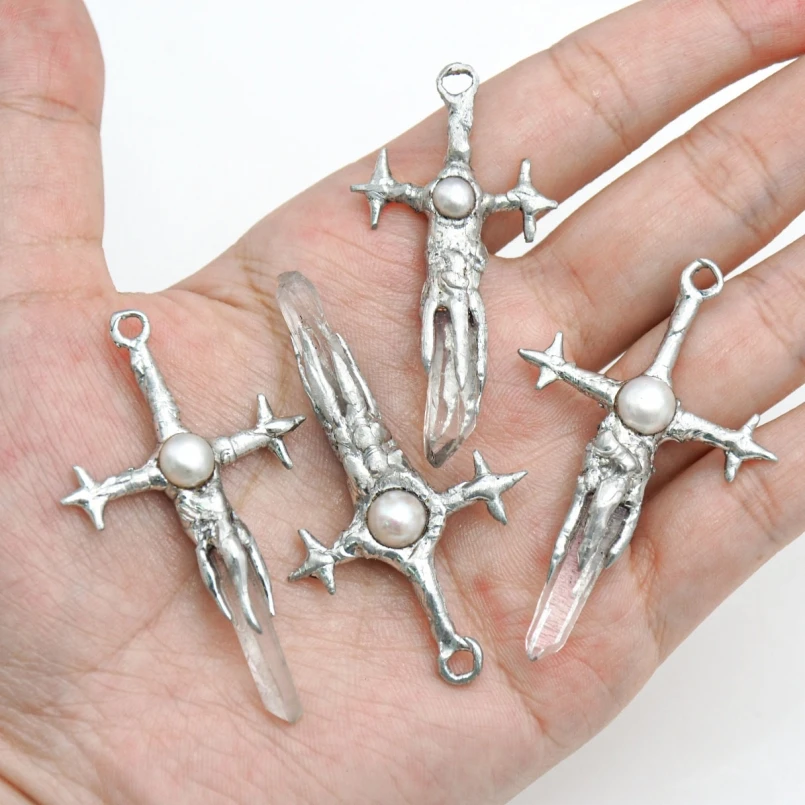 Thorns Claw Spiky Crisscross Pendant Jesus Christian Brutalist Y2k Handmade Solder Freshwater Pearls Quartz Jewelry