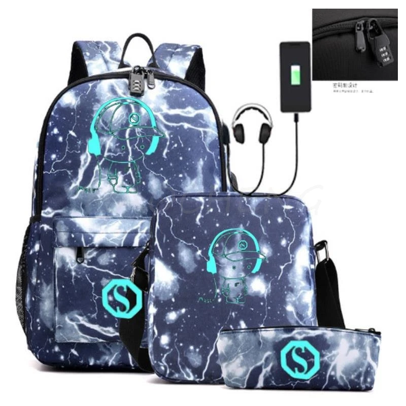 Luminous Animation School Bags para meninos e meninas, Mochilas de moda para adolescentes, mochila para laptop para homens, 3pcs por conjunto