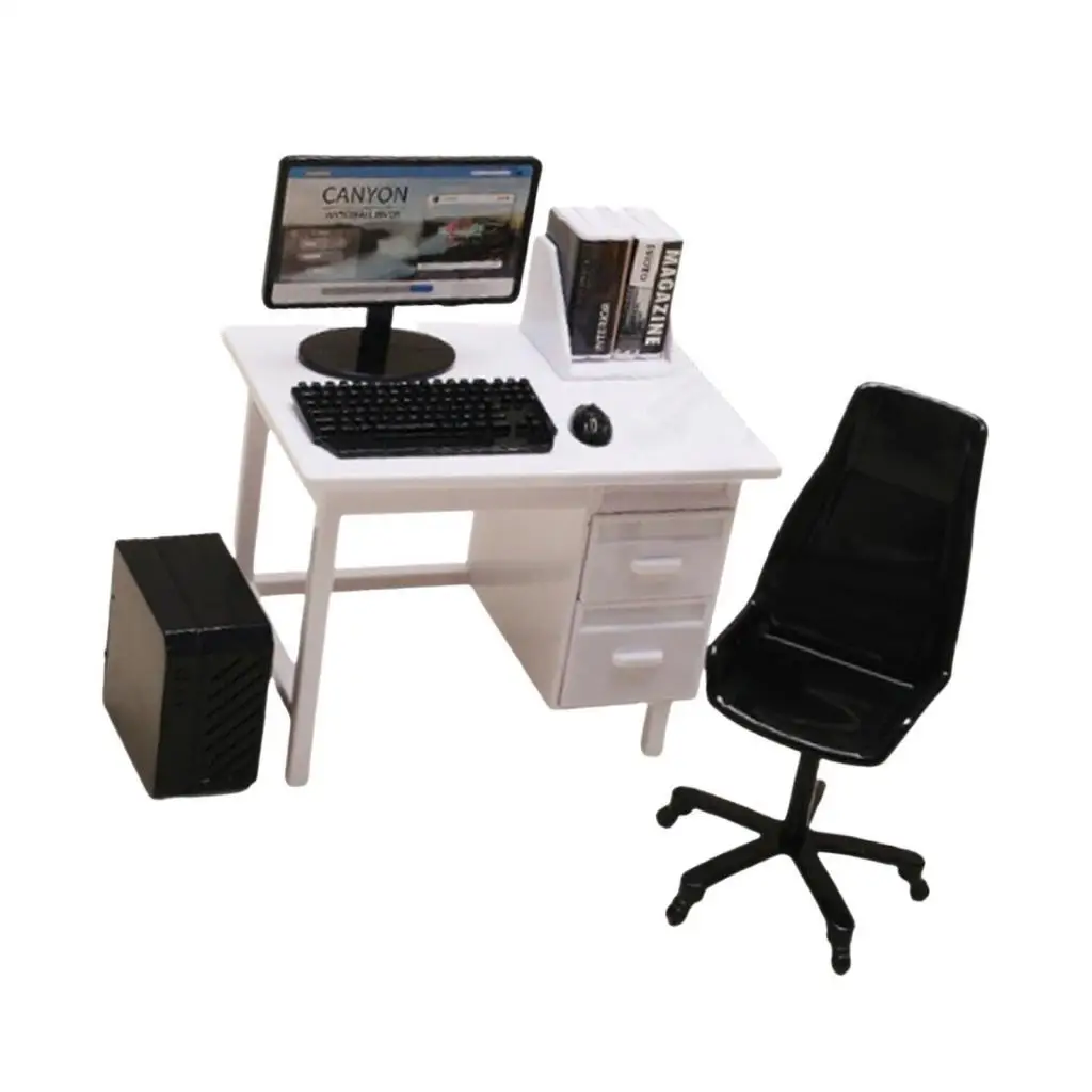 Miniature Computer Desk Chair Dollhouse Furniture Set PP Plastic Laptop Keyboard Mouse Office Decor Simulation Props for Tiny