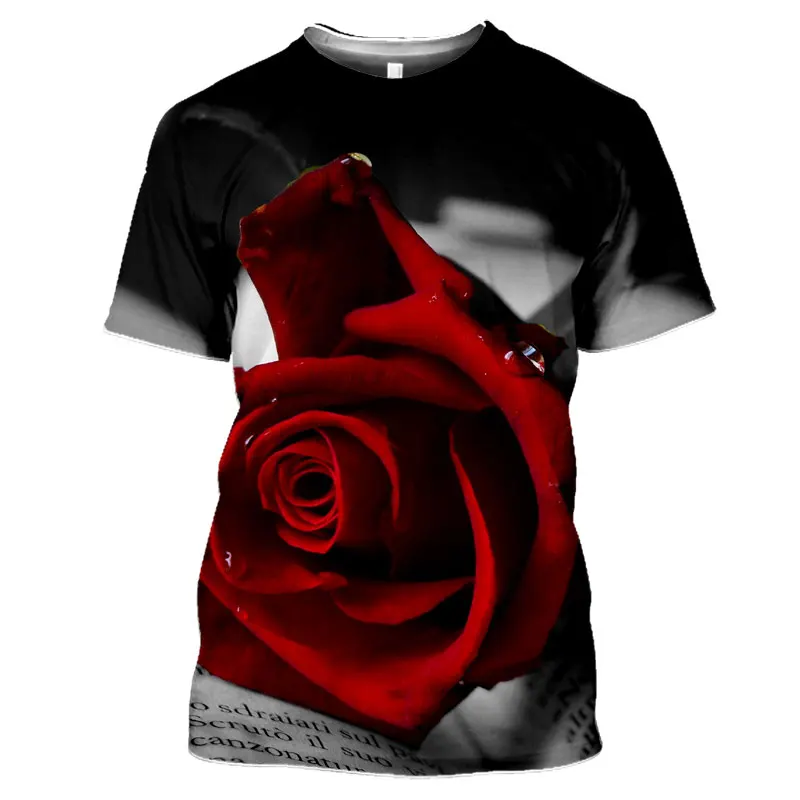 Summer Fashion Rose Flower graphic t shirts For Unisex 3D Printed Personality Colorful Pattern Round Neck Short Sleeve Tees Tops