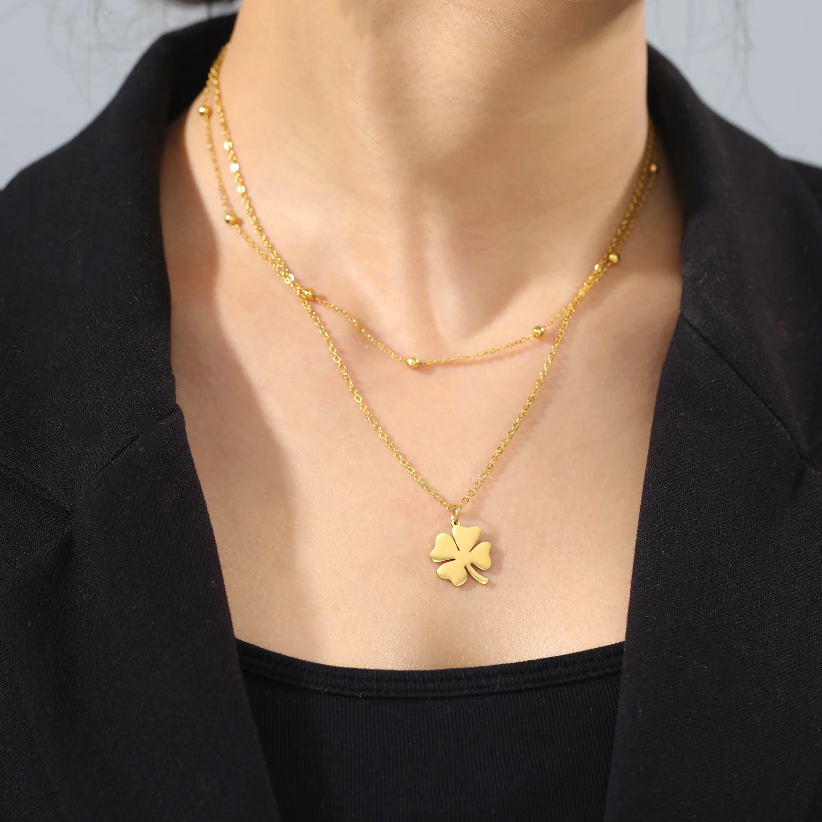 Kkjoy Edelstahl Pflanze Vierblättriges Kleeblatt Anhänger Halskette Mode Elegante Feminine Kurze Schlüsselbein Kette Halskette Schmuck – Detail 39
