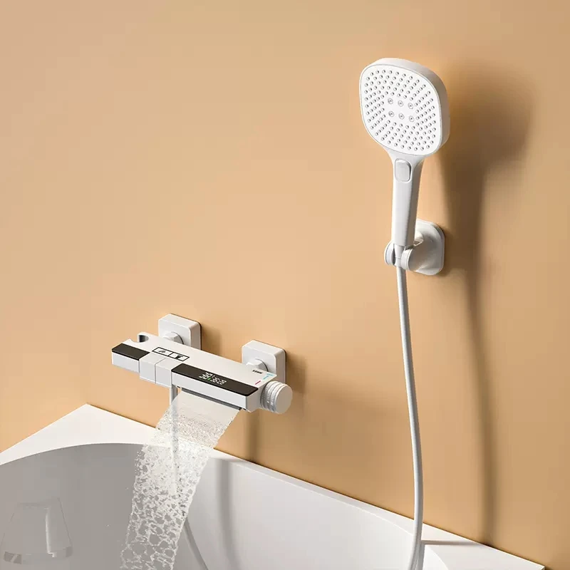 Imagem -06 - Latão Bath Shower Faucets Banheira Cachoeira Mixer Banheiro Torneiras Hot & Cold Temperature Display Termostato Control Gun Cinza Branco