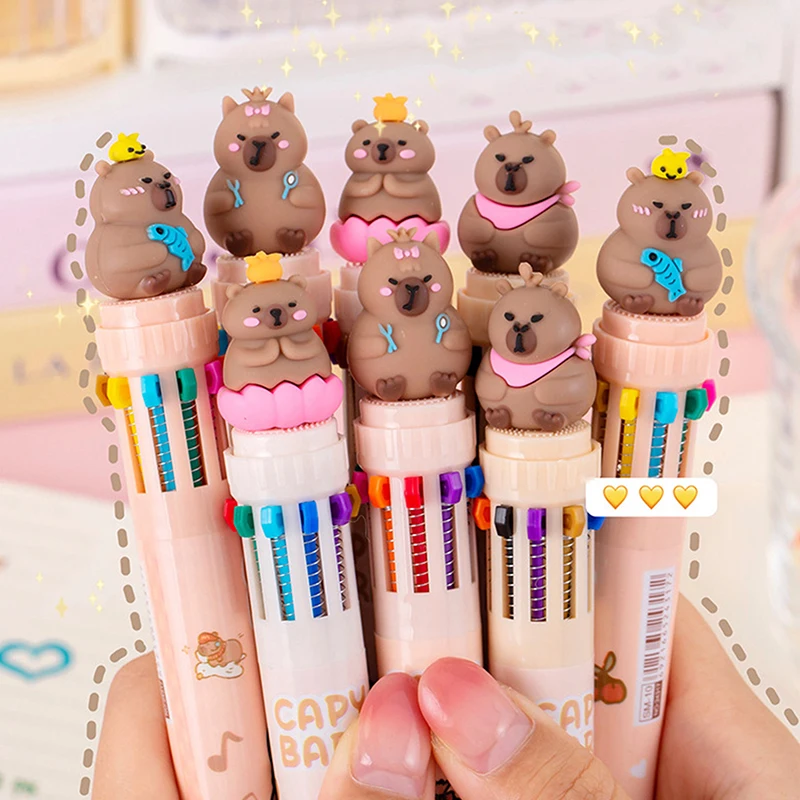 Pena bolpoin 10 warna Capybara 0.5mm, pena Gel tinta warna-warni silikon Kawaii, pena perlengkapan alat tulis kantor sekolah