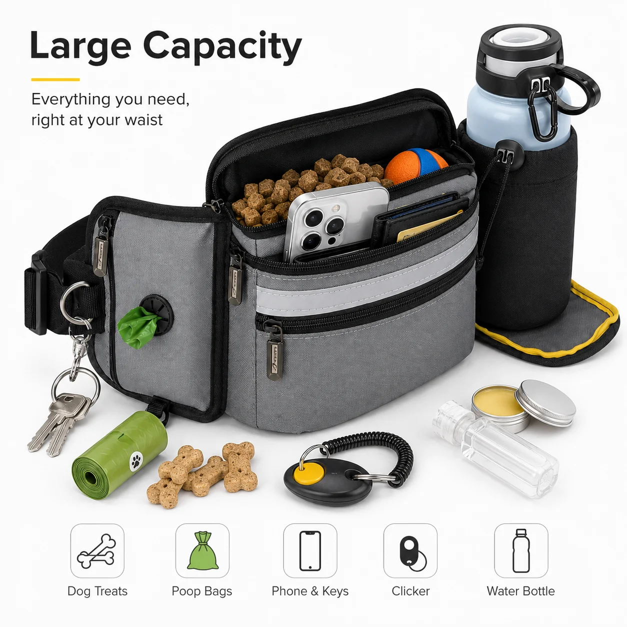 Dog Treat Training Waist Bag Portable Pet Snack Pouch with Poop Bag Dispenser Water Bottle Holder Adjustable Walking Training Fa