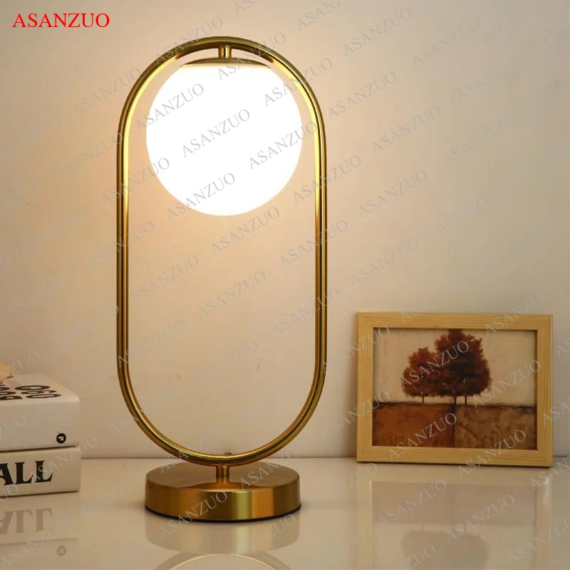 Brass LED Table Lamps galss lighting fixtures Bedside Reading Desk Lamp Bedroom Hotel Home Decor Round Ring Standing lamp