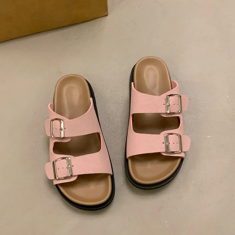 Summer New Non-slip Wear-resistant Silver Metal Buckle Slippers Flat Flip-flops Cow Leather Casual Women's Shoes Slippers Women